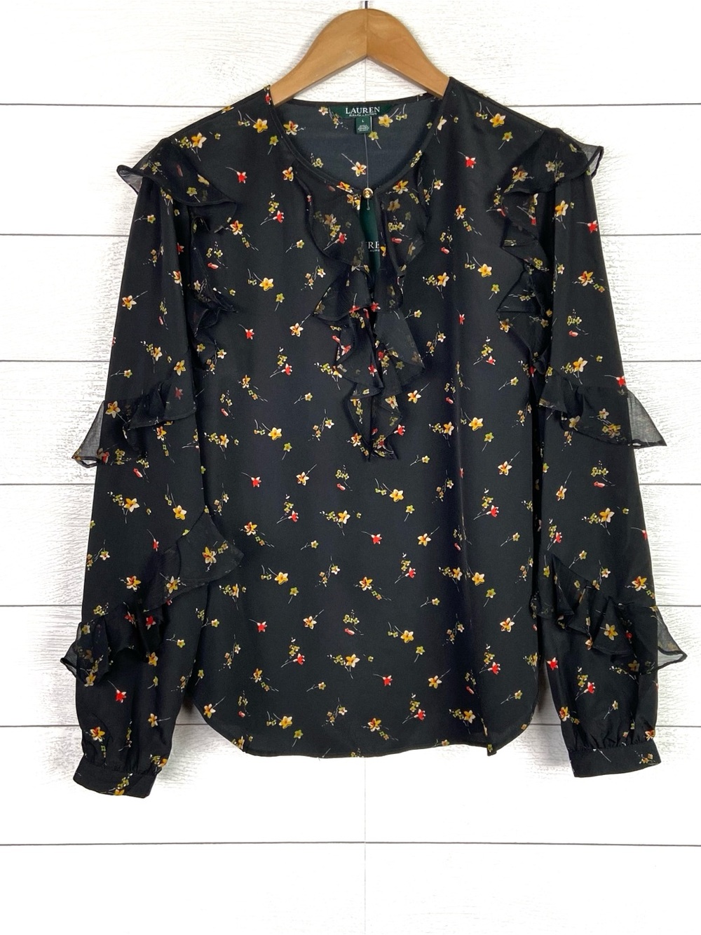 NWT Lauren Ralph Lauren Black Floral Ruffle Sleeve Keyhole Blouse Large New